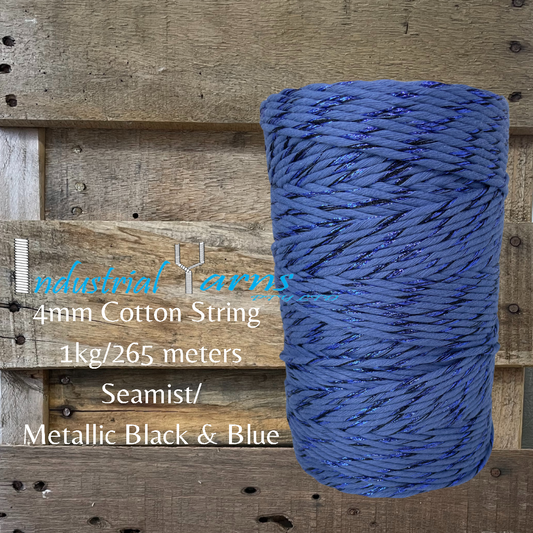 4mm Single Twist Cotton Seamist with Metallic Black & Blue